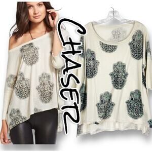 Chaser Hamsa Hands Graphic Oversize T-Shirt Off White Womens Size Small